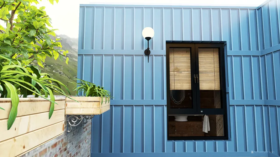 StyleOther Container house in the mountains. Blue WoodTones 3d design renderings