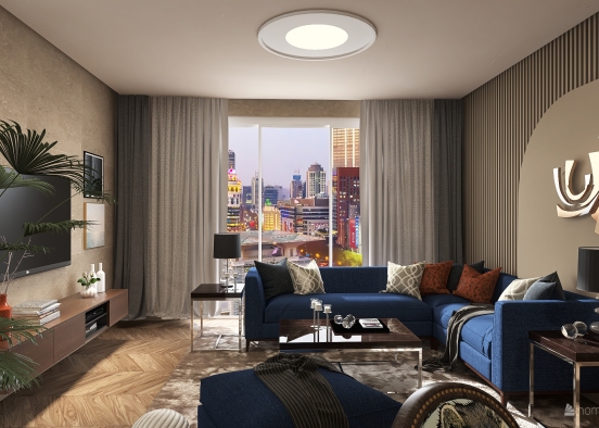 Mix of blue and wood apartment Design Rendering