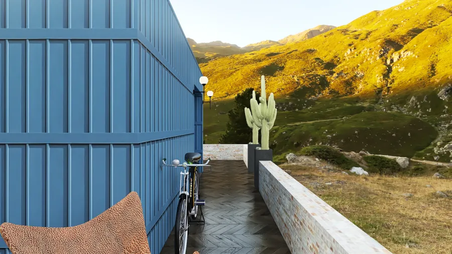 StyleOther Container house in the mountains. Blue WoodTones 3d design renderings