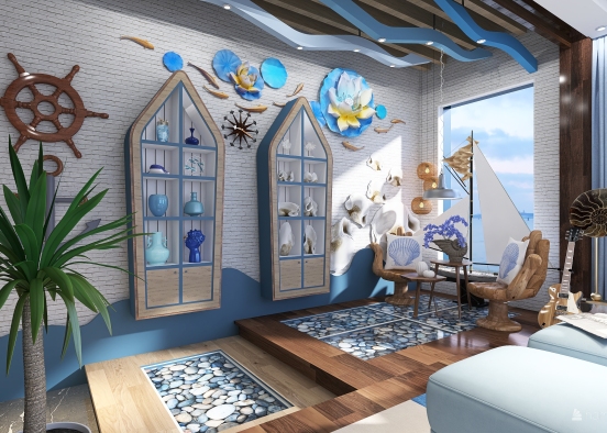 Coastal-themed inspired living room Design Rendering