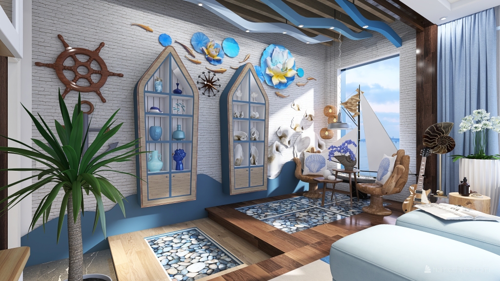 Costal StyleOther Coastal-themed inspired living room Blue ColdTones ColorScemeOther 3d design renderings