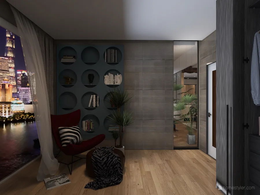 Mix of blue and wood apartment 3d design renderings