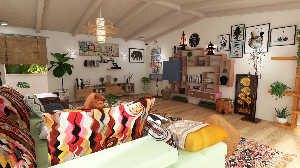 Bohemian Style 30 sqm. living room 3d design renderings