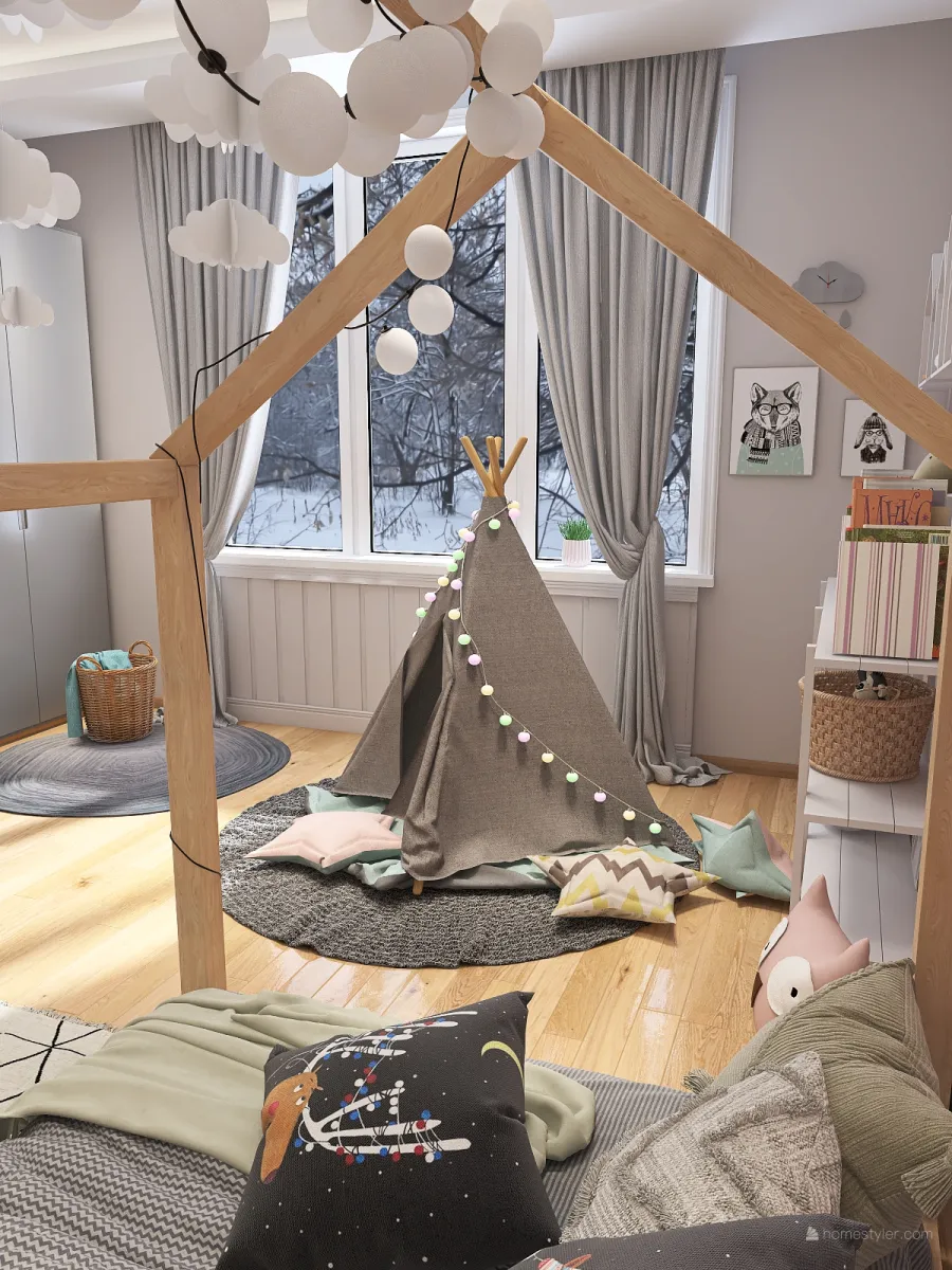 Scandinavian ColorScemeOther Beige WoodTones Kids Room 3d design renderings