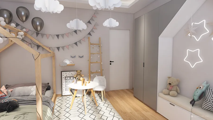 Scandinavian ColorScemeOther Beige WoodTones Kids Room 3d design renderings
