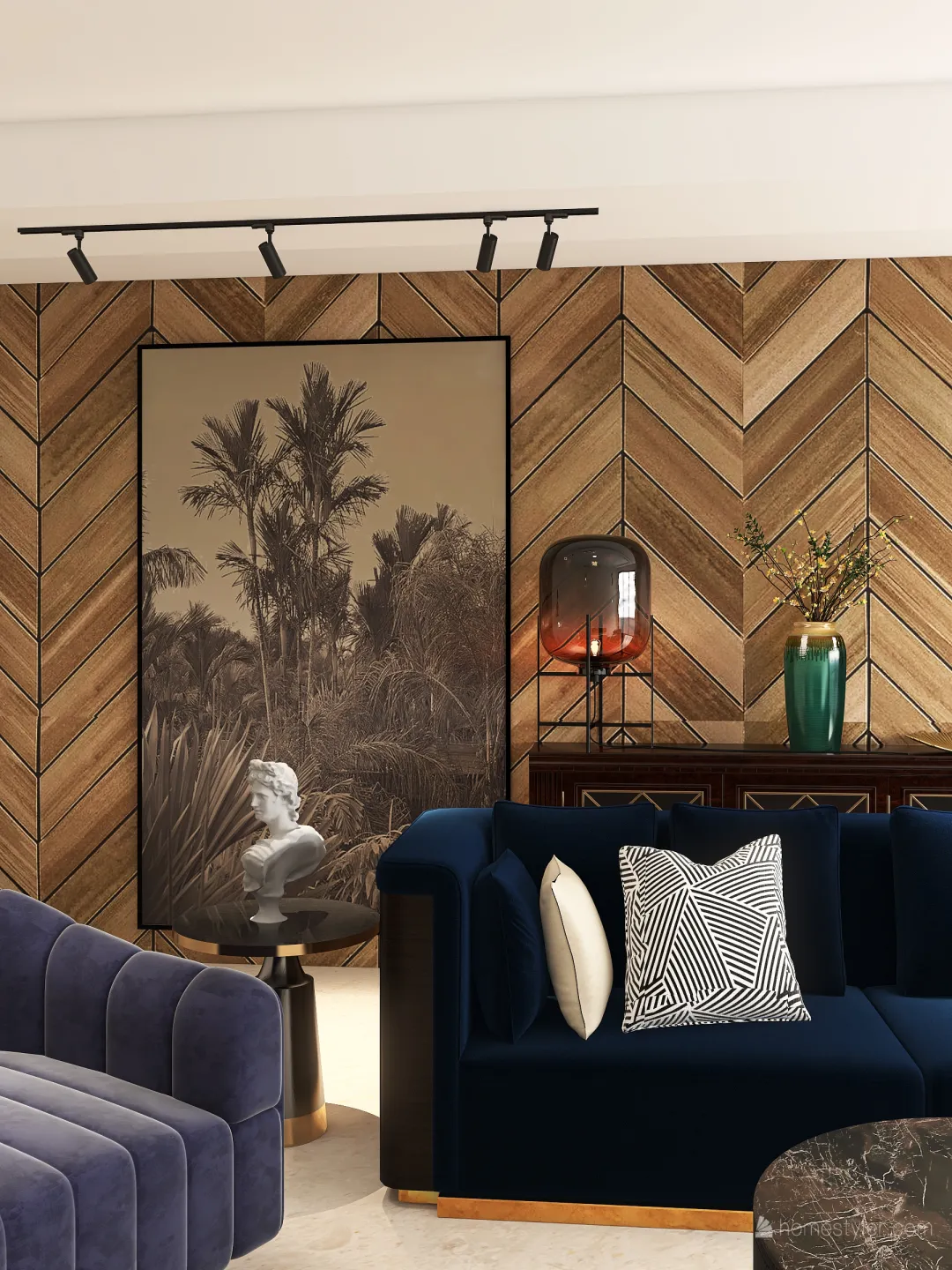 Afro Mid Century Modern Living Room 3d design renderings