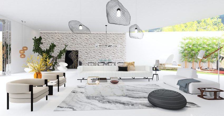 Modern White Living and Dining Area 3d design renderings