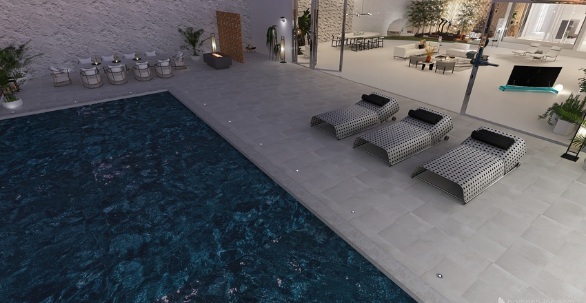 Modern White Pool Lounge & Dining 3d design renderings