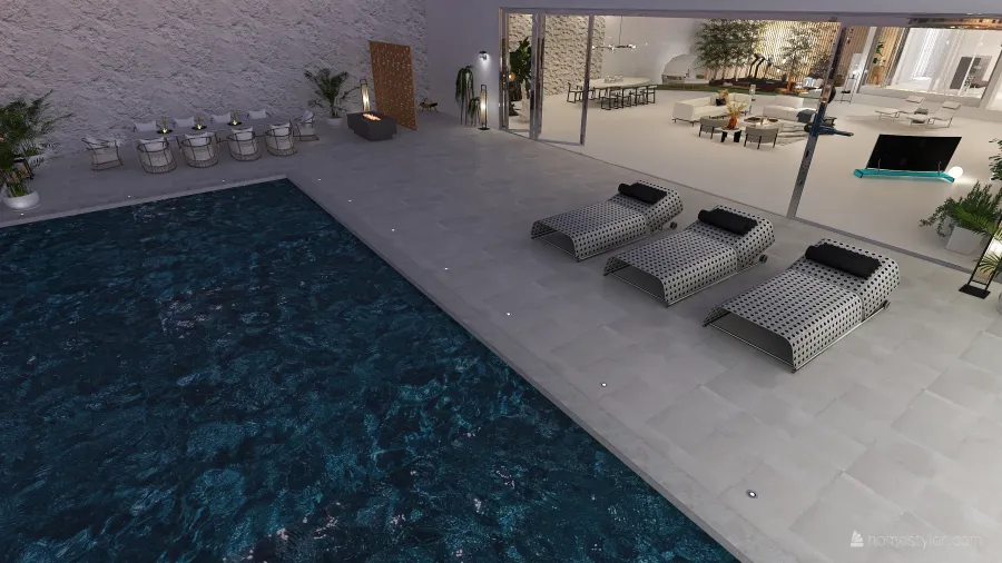 Modern White Pool Lounge & Dining 3d design renderings