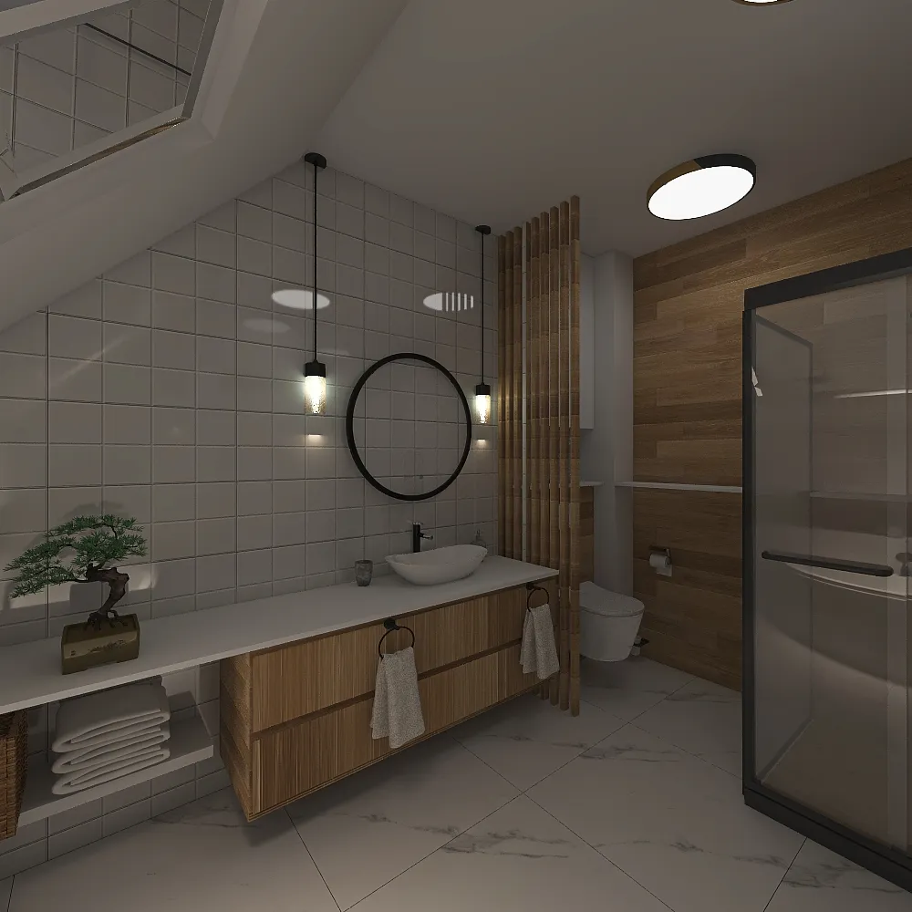 Łazienka naturalne drewno + biel i czerń 3d design renderings
