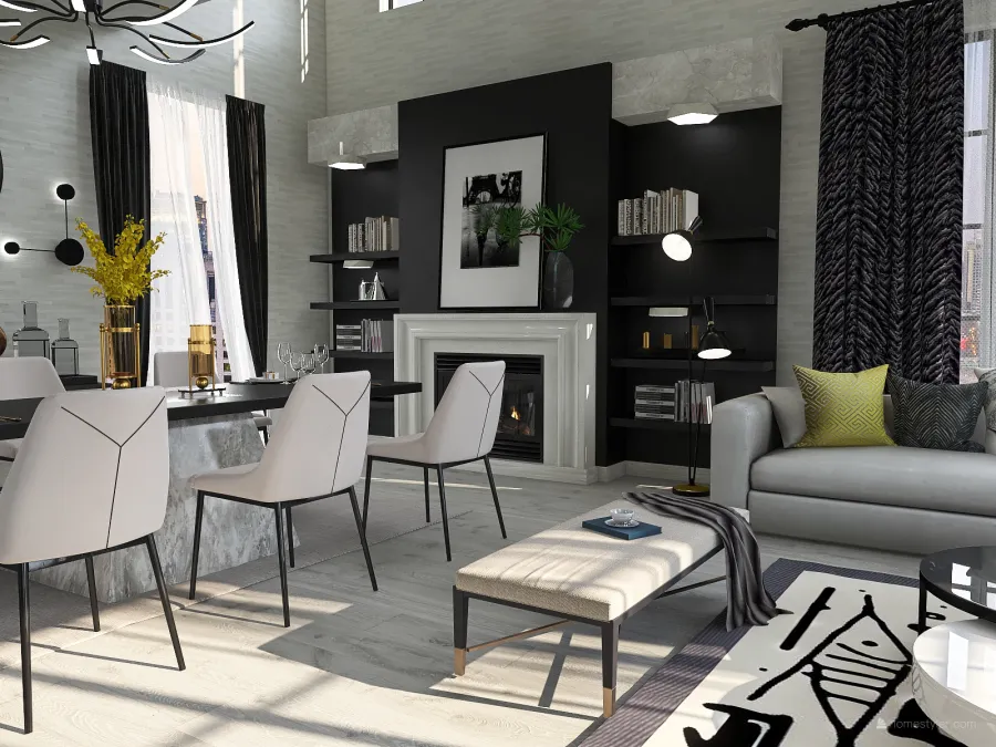 Traditional StyleOther Asian Black Grey ColorScemeOther White ColdTones Living and Dining Room 3d design renderings