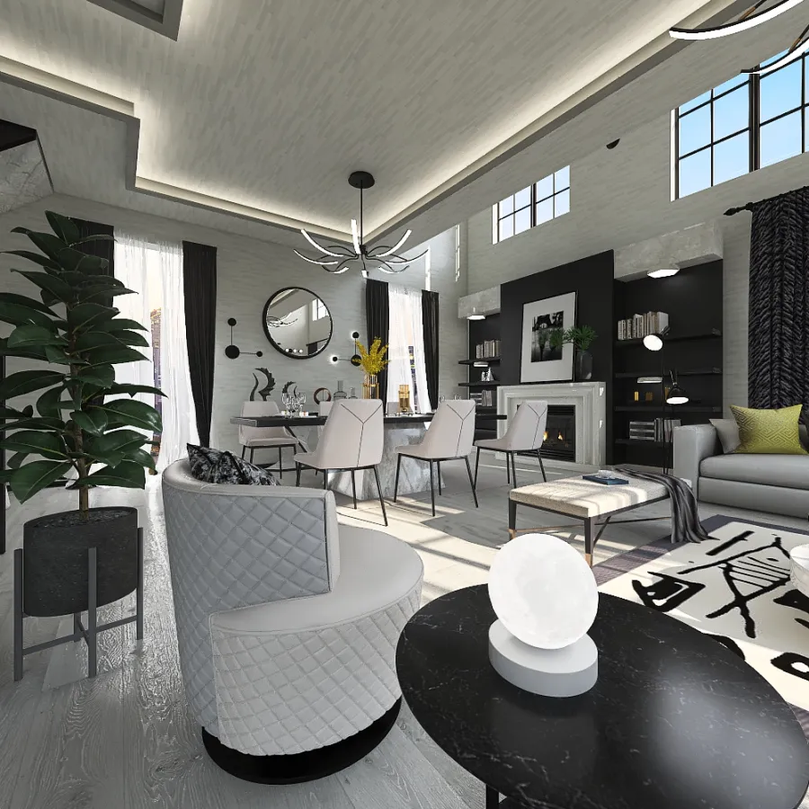 Traditional StyleOther Asian Black Grey ColorScemeOther White ColdTones Living and Dining Room 3d design renderings