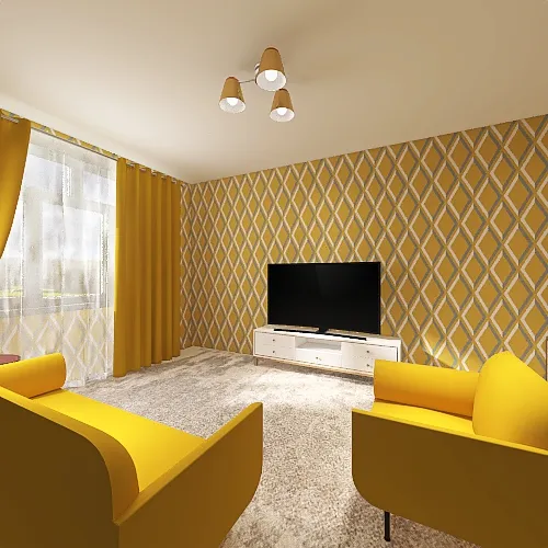 Yellow kitchen and living room 3d design renderings