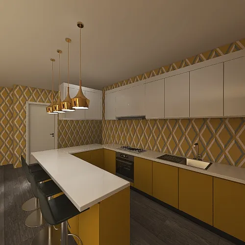 Yellow kitchen and living room 3d design renderings