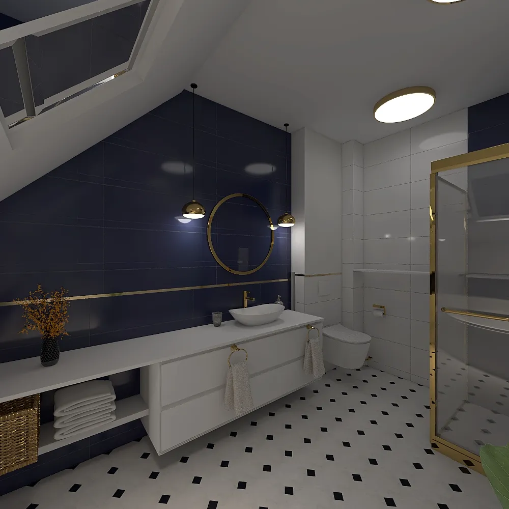 Łazienka granatowo-biała 3d design renderings