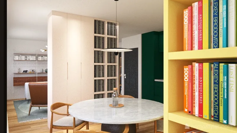 long pink, yellow, green with cabinets 3d design renderings