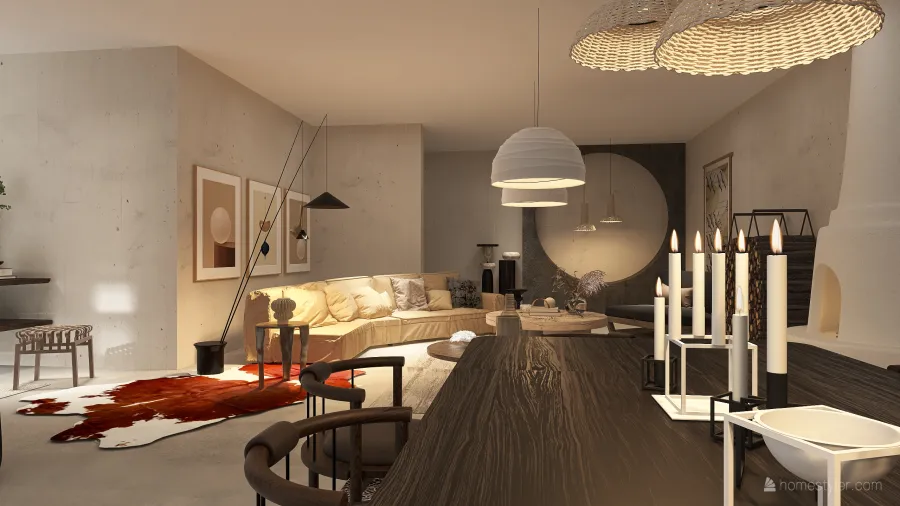 StyleOther Modern WabiSabi ColorScemeOther Beige WoodTones EarthyTones Living and Dining Room 3d design renderings