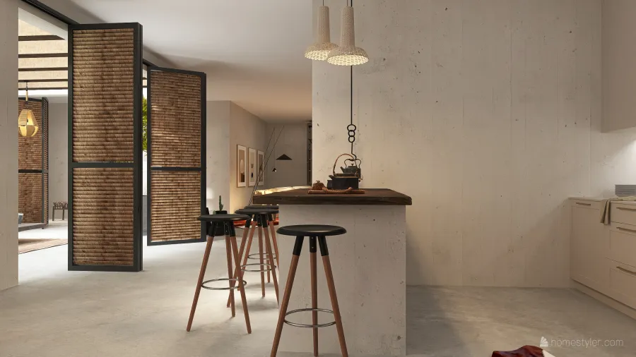 StyleOther Modern WabiSabi ColorScemeOther Beige WoodTones EarthyTones Living and Dining Room 3d design renderings