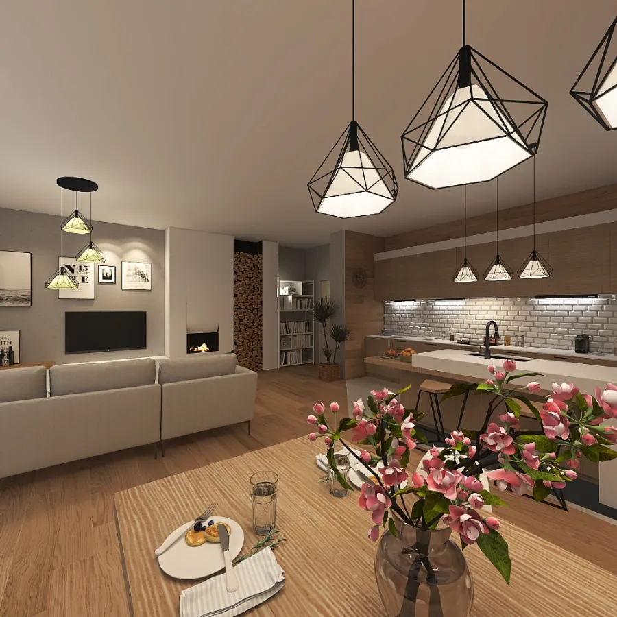 Living room and kitchen 3d design renderings