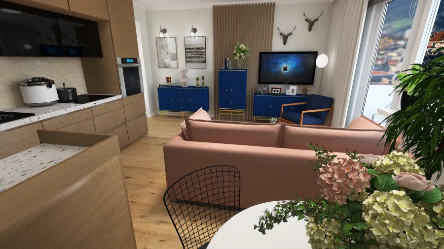Salon, kuchnia, jadalnia 3d design renderings
