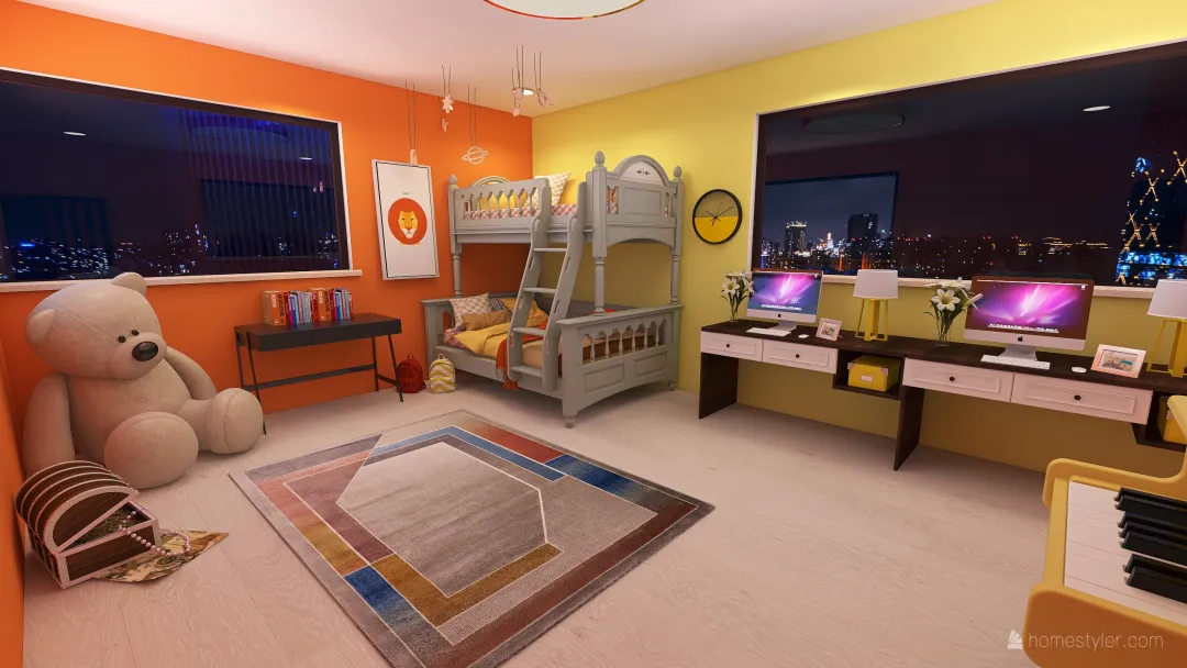Orange/Yellow Tone Kids Room and Study 3d design renderings