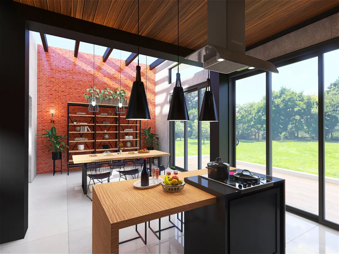 Industrial kitchen and dining 3d design renderings
