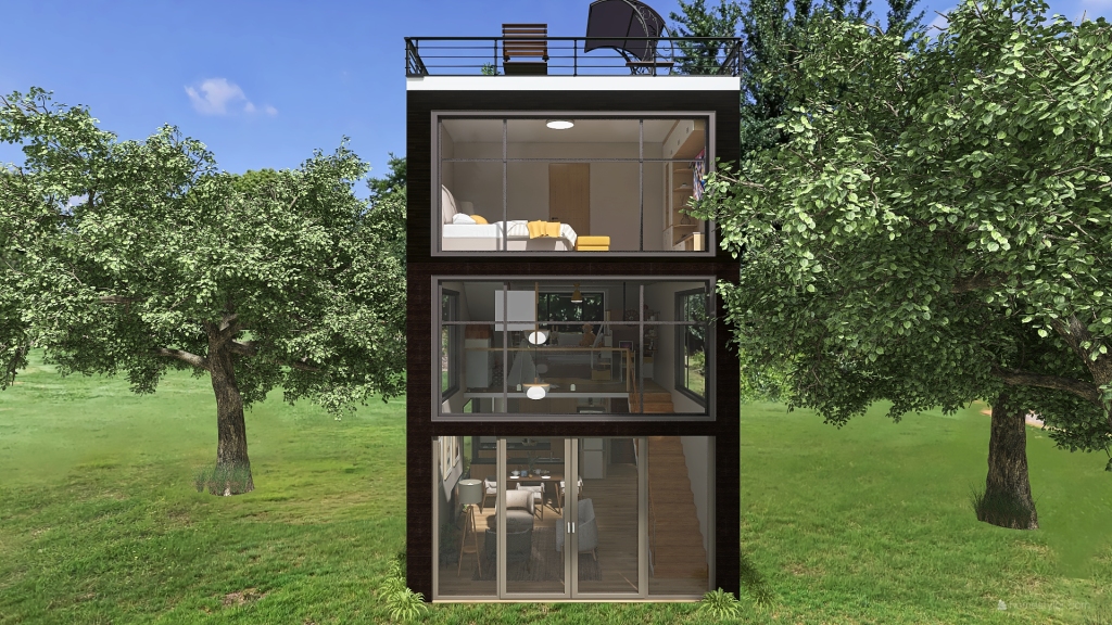 Three Levels Tiny House  with Roof Deck 3d design renderings