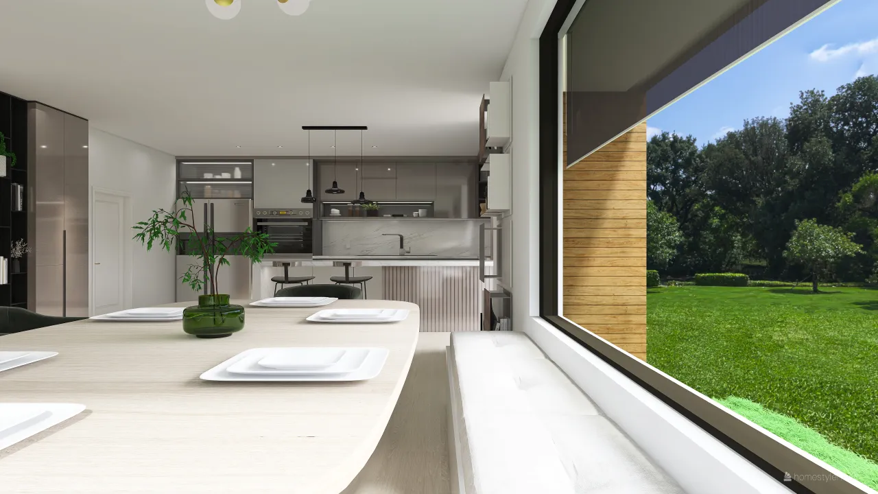 Contemporary Modern White Green LivingDiningRoom 3d design renderings