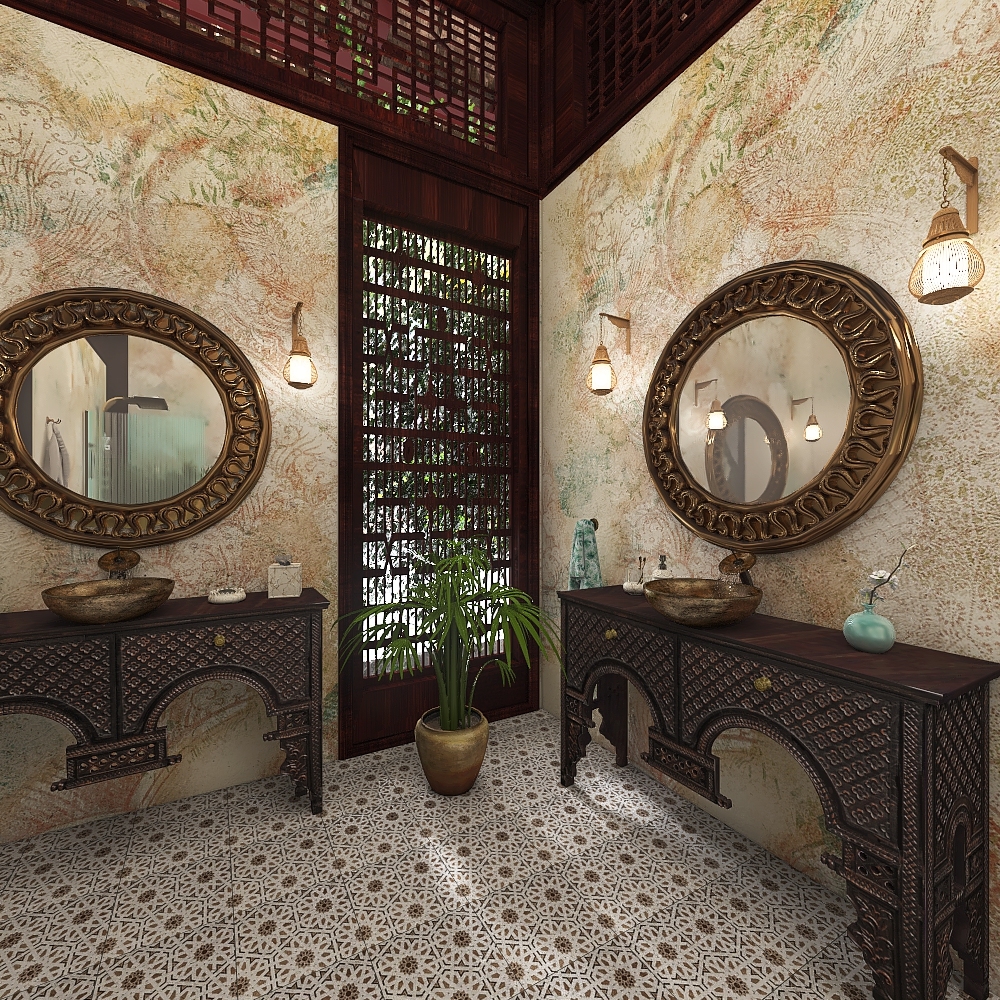 Costal StyleOther Traditional TropicalTheme Blue ColorScemeOther Yellow Master Bathroom 3d design renderings