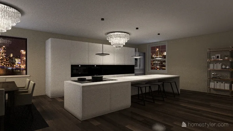 kitchen, living room and dining room 3d design renderings