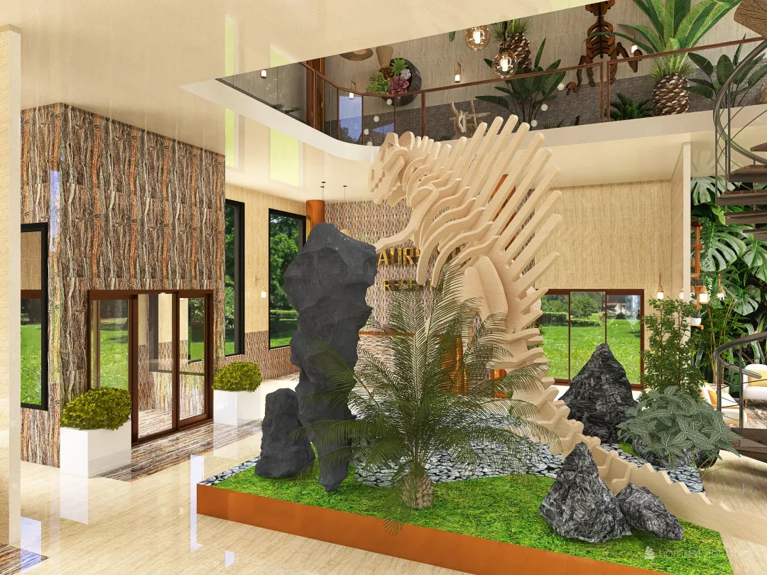 Modern Hotel Dinosours World ColorScemeOther Beige Grey WarmTones 3d design renderings