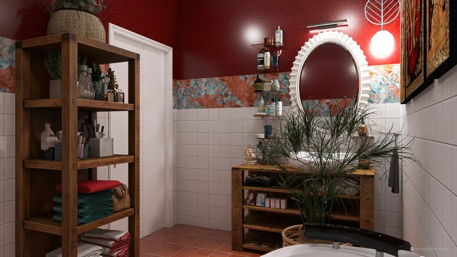 Scandinavian StyleOther Traditional Industrial WoodTones ColorScemeOther Orange Bohemian Bathroom 3d design renderings