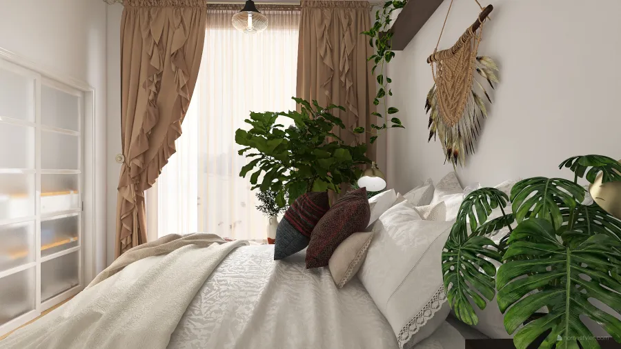 Scandinavian StyleOther Traditional Industrial WoodTones ColorScemeOther Orange Bohemian Bedroom 3d design renderings