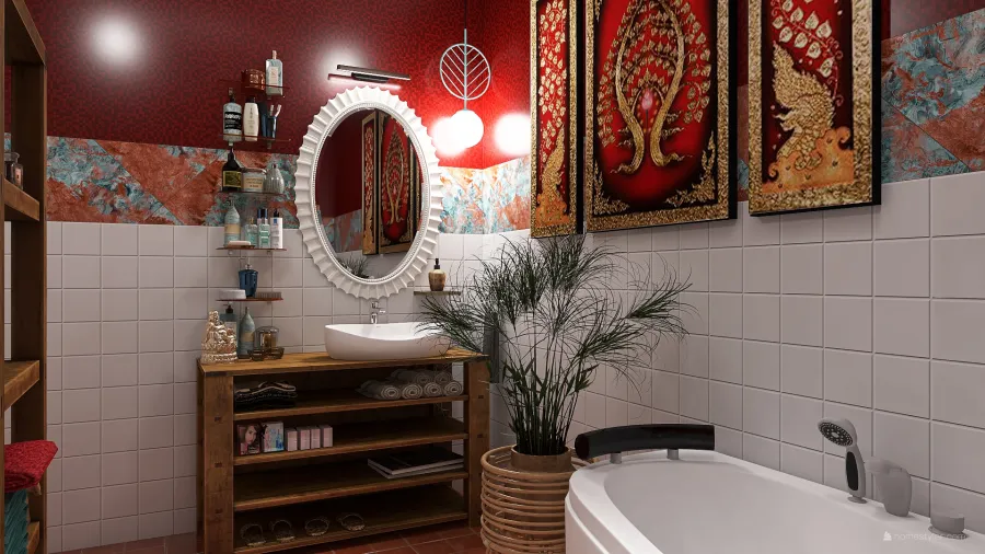 Scandinavian StyleOther Traditional Industrial WoodTones ColorScemeOther Orange Bohemian Bathroom 3d design renderings
