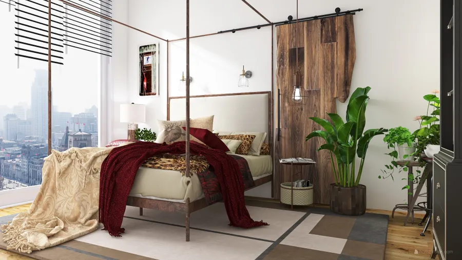 Scandinavian StyleOther Traditional Industrial WoodTones ColorScemeOther Orange Industrial Bedroom 3d design renderings