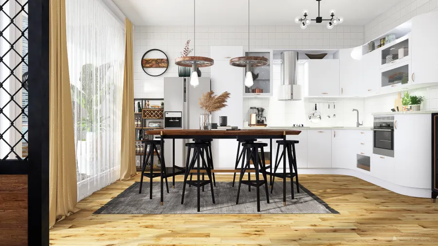 Scandinavian StyleOther Traditional Industrial WoodTones ColorScemeOther Orange Industrial Living and Dining Room 3d design renderings