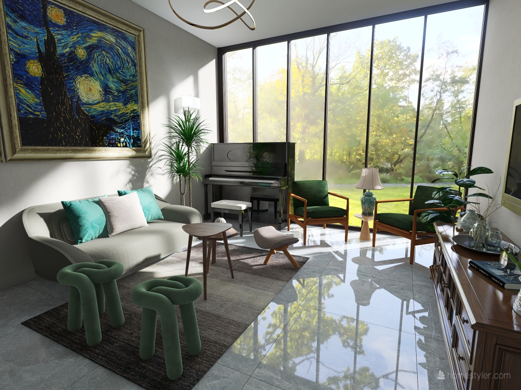 green and gray  living room 3d design renderings
