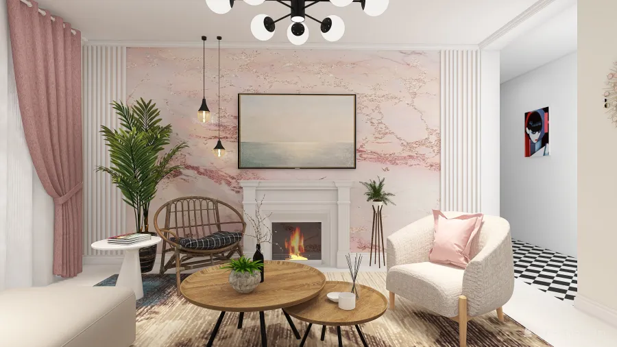 Living Room in pink 3d design renderings