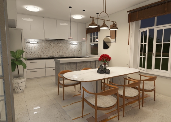 Whites and stones kitchen/dining room Design Rendering