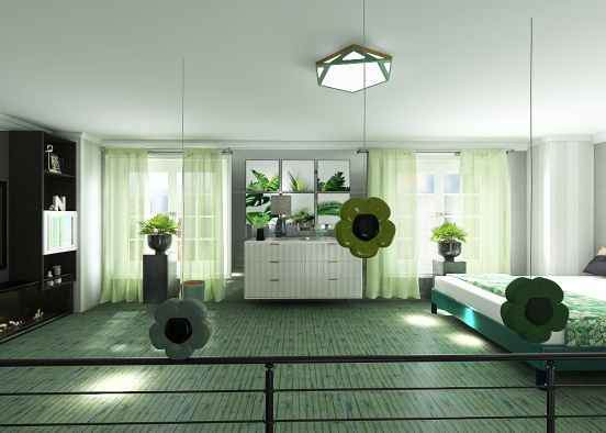 Green Bedroom And Bathroom Design Rendering