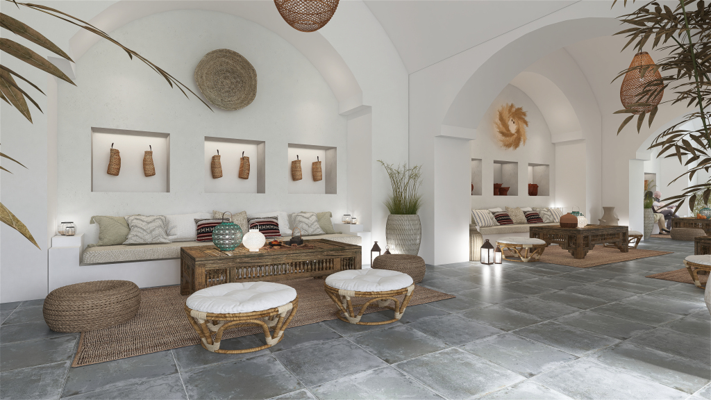Mediterranean StyleOther Pequeño hotel Mediterráneo ColorScemeOther Beige WoodTones 3d design renderings