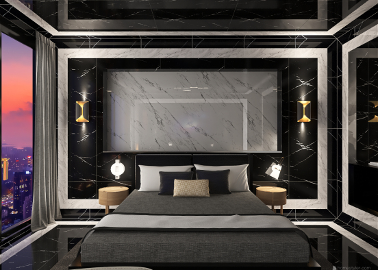 Classic Black and White Hotel Room Design Rendering