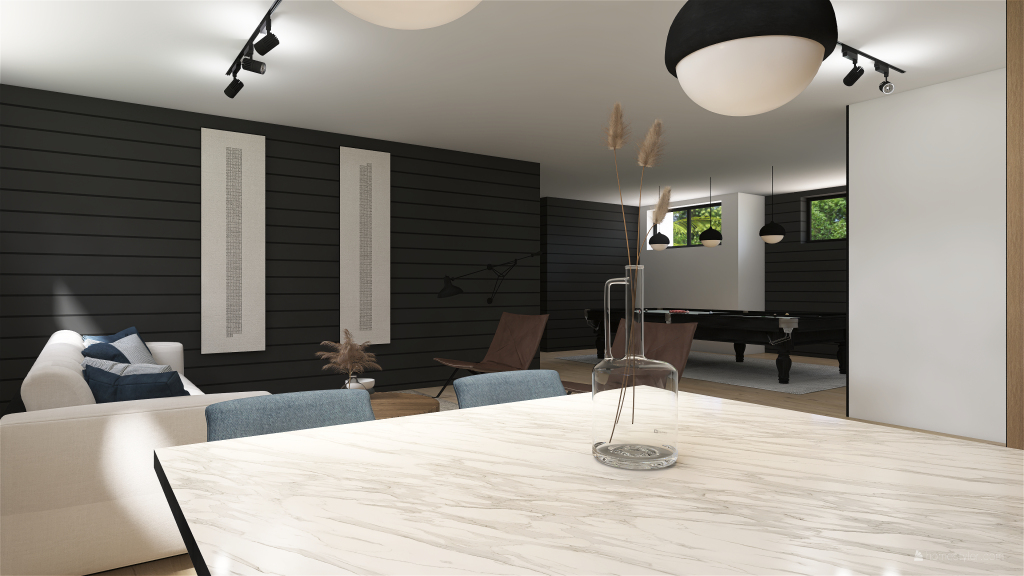 Farmhouse Basement Lounge 3d design renderings