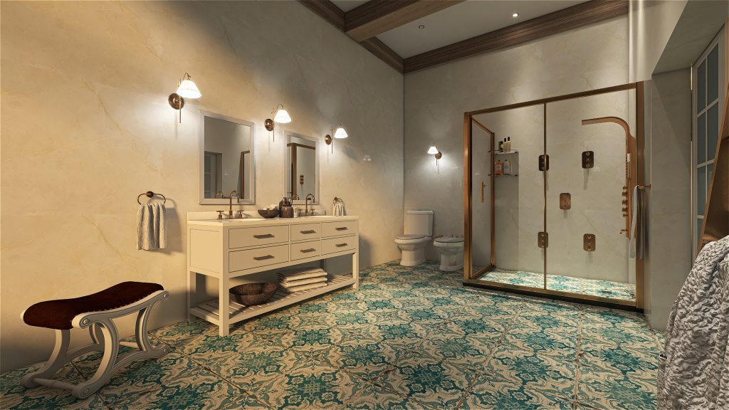 Mediterranean Costal StyleOther Blue ColorScemeOther WarmTones Master Bathroom 3d design renderings