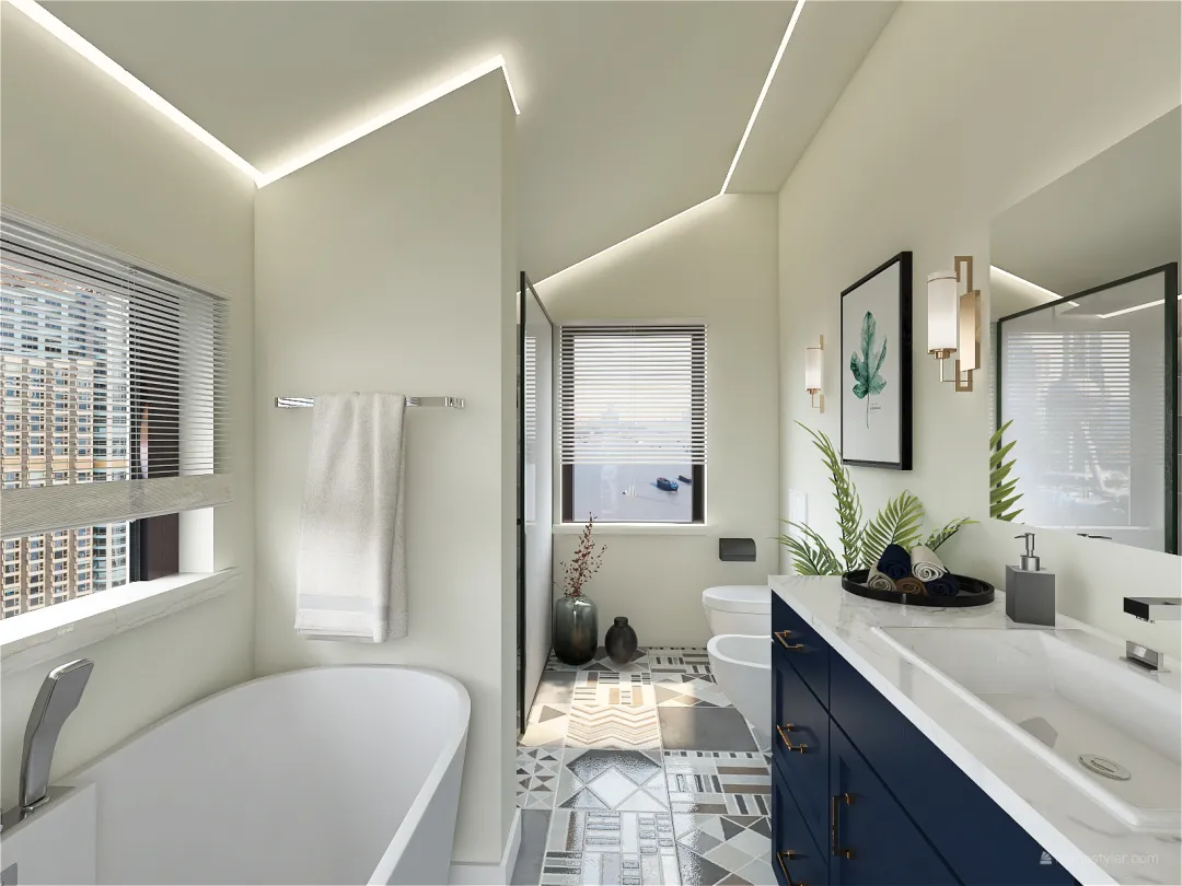 Bathroom with walk-in shower 3d design renderings