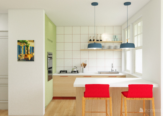 green grid kitchen 1bed Design Rendering