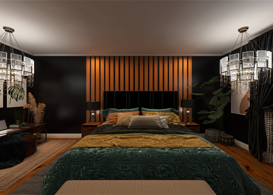 Dark Boho Chic Bedroom Design Rendering