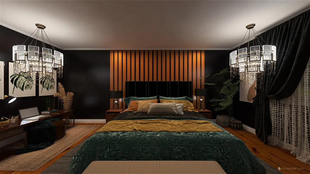 Dark Boho Chic Bedroom 3d design renderings