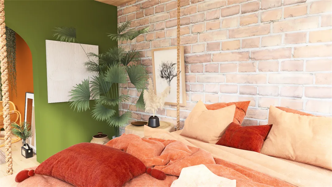 earth tone bohemian bedroom. 3d design renderings
