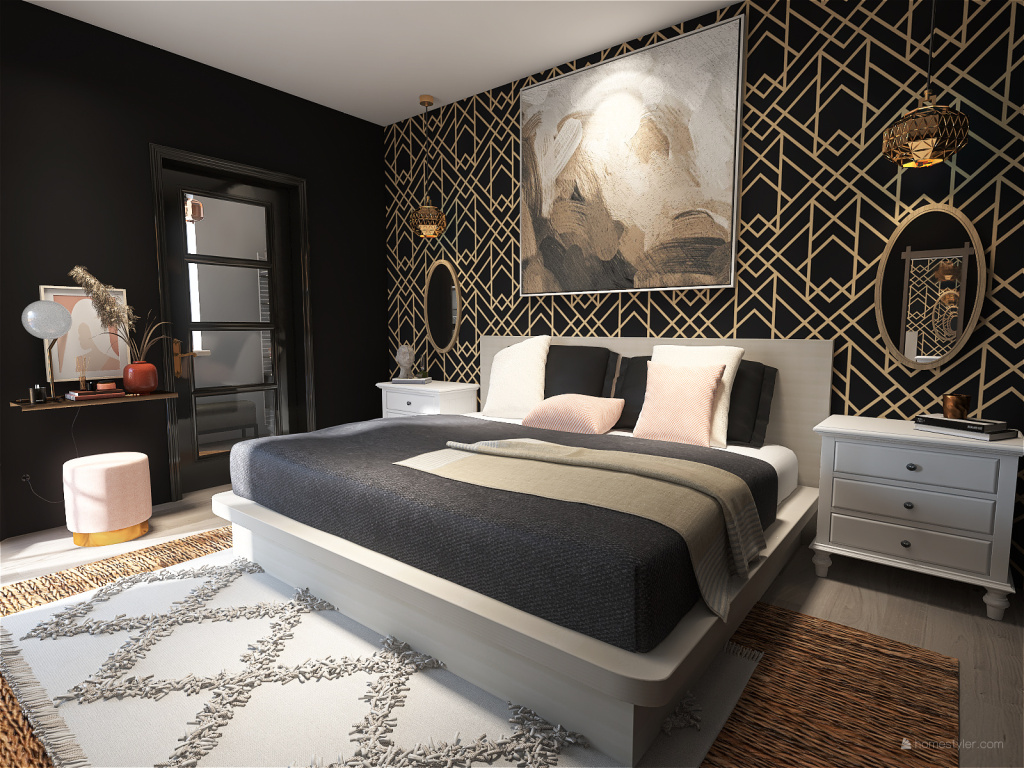 Master bedroom with Dark walls 3d design renderings